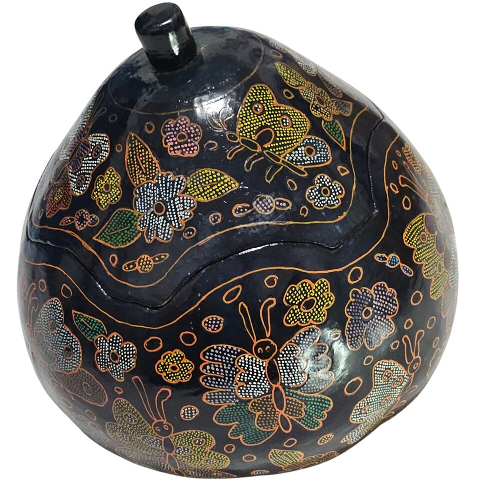 Vintage Hand Painted Butterfly & Floral Gourd Trinket Box Artisan Folk Art Jar